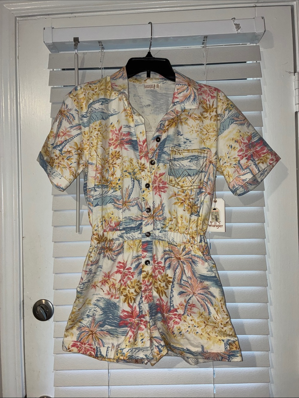 Wrangler Tropical Print Short Sleeve One-Piece Romper in Yellow, Blue, Pink